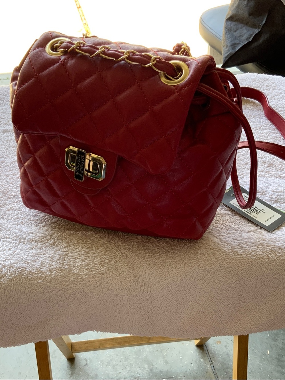 Badgley Mischka Quilted Red Shoulder Backpack with Gold Hardware